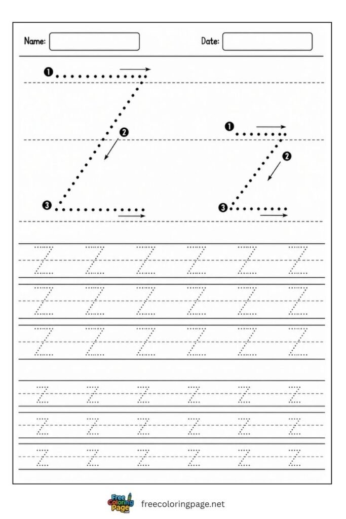 Letter Z and z uppercase and lowercase tracing worksheet with dotted outlines, free printable for kindergarten
