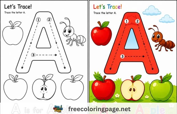 alphabet tracing worksheets - colored vs traced A