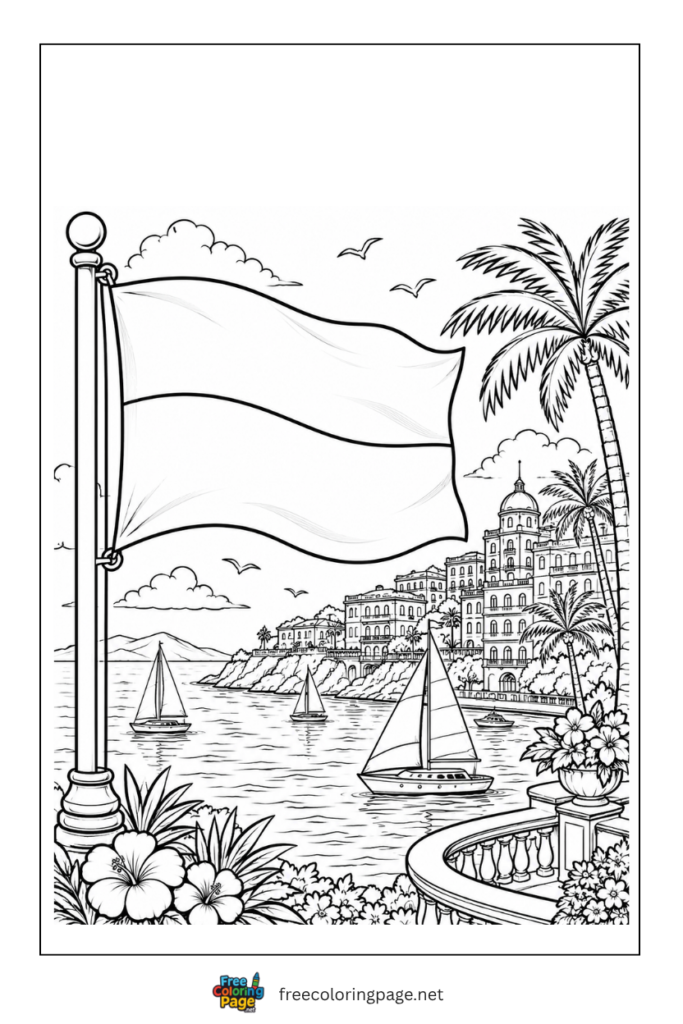 monaco flag along mediterranian coastline coloring page