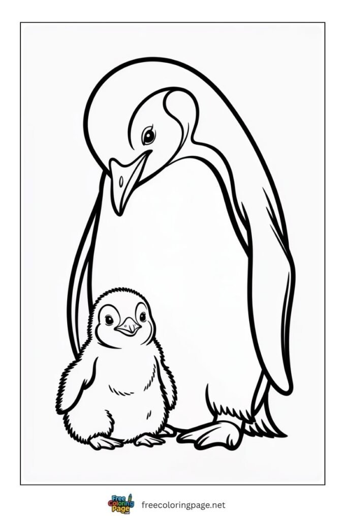 Mother penguin and baby coloring page