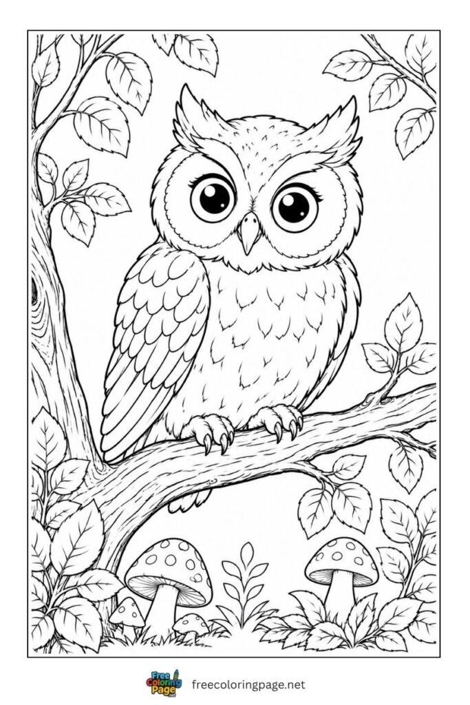 owl sitting on tree coloring page