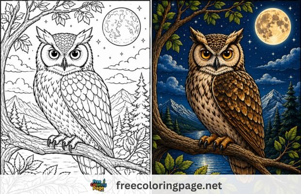 owl coloring pages - colored vs drawing