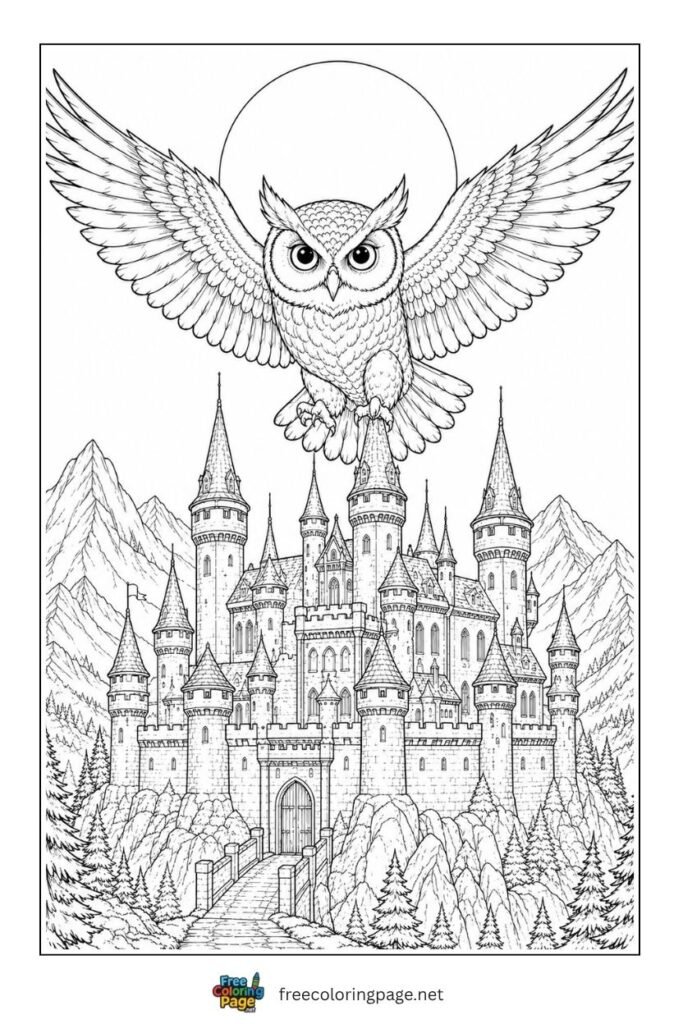 owl sitting on castle coloring page