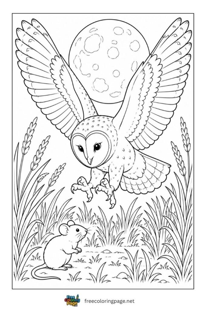 owl hunting rat coloring page