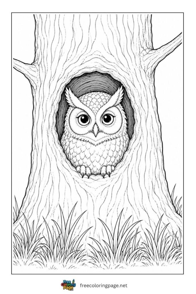 owl in tree trunk coloring page