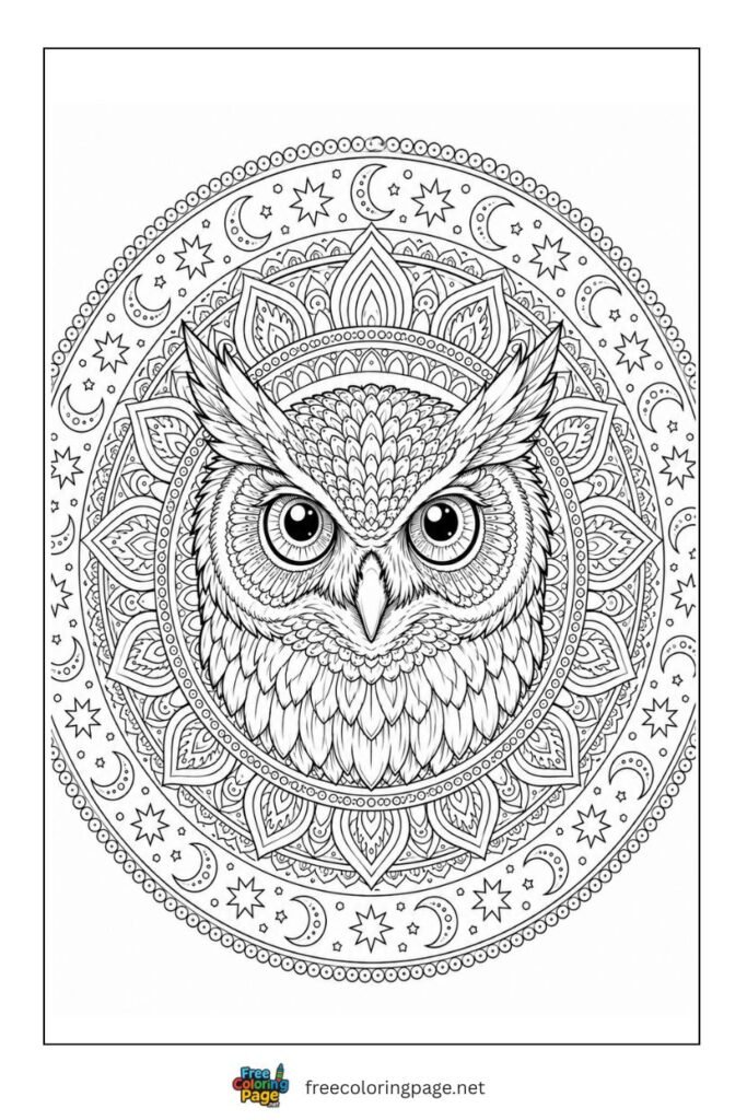 owl mandala coloring page - intricate design for adult