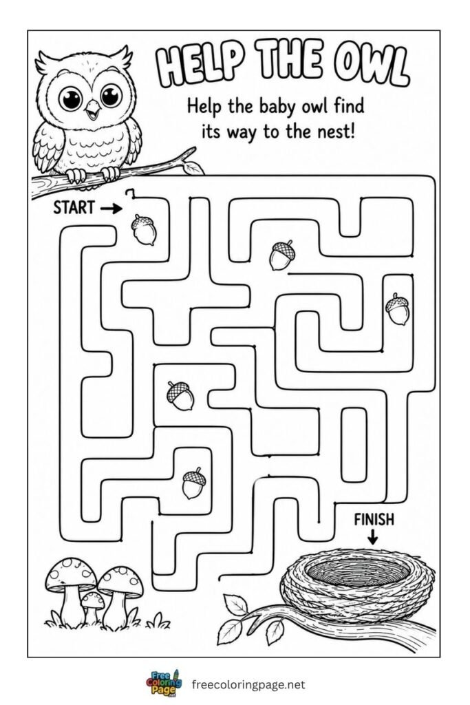 owl maze avtivity coloring page