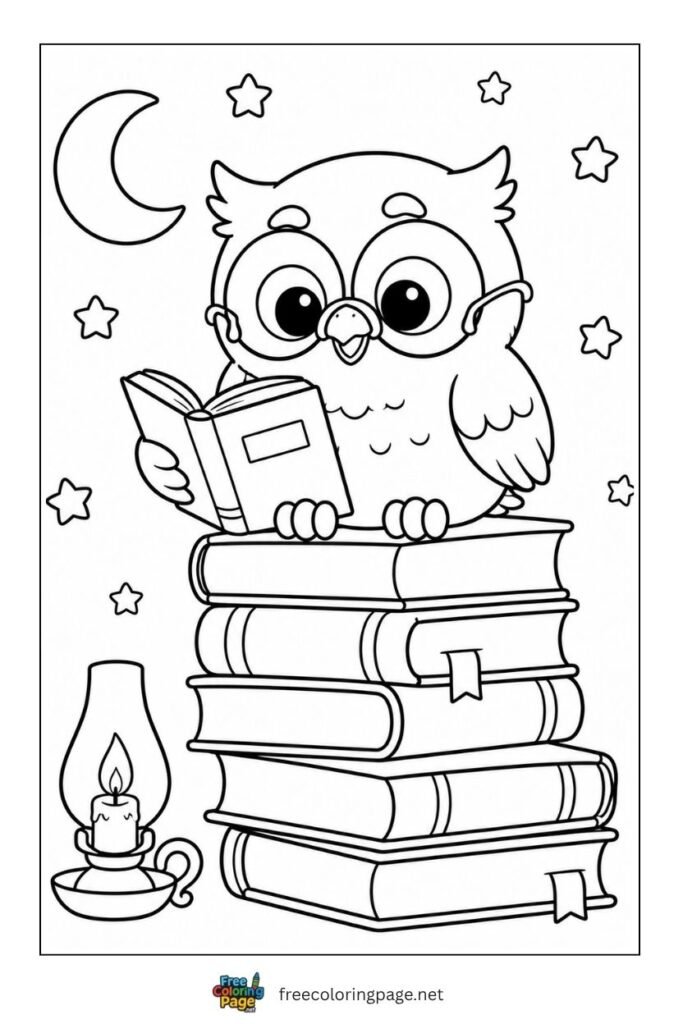 cute owl reading book coloring page