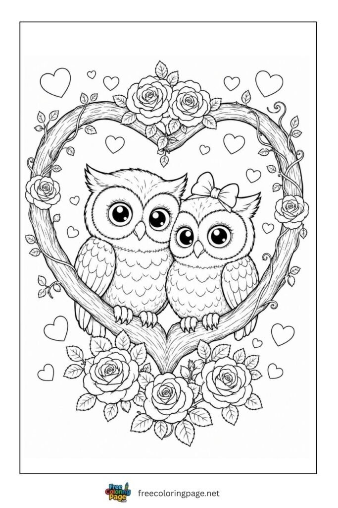 owl valentines day celebration coloring page