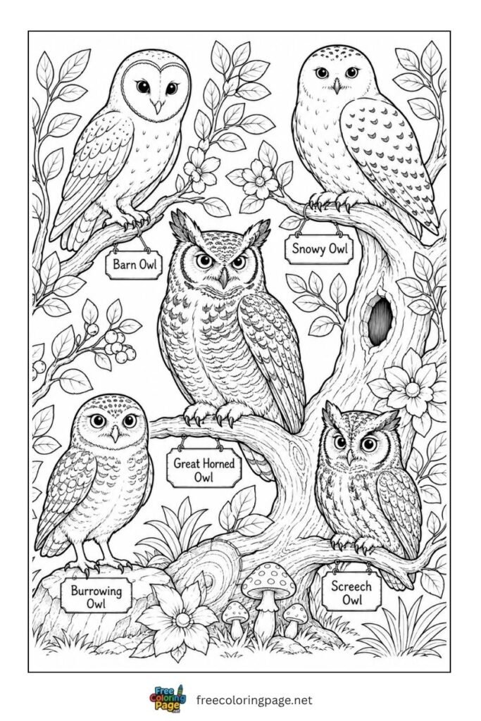 different species of owls coloring page