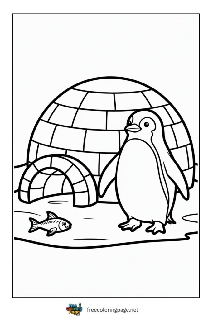 Penguin near the iglo coloring page
