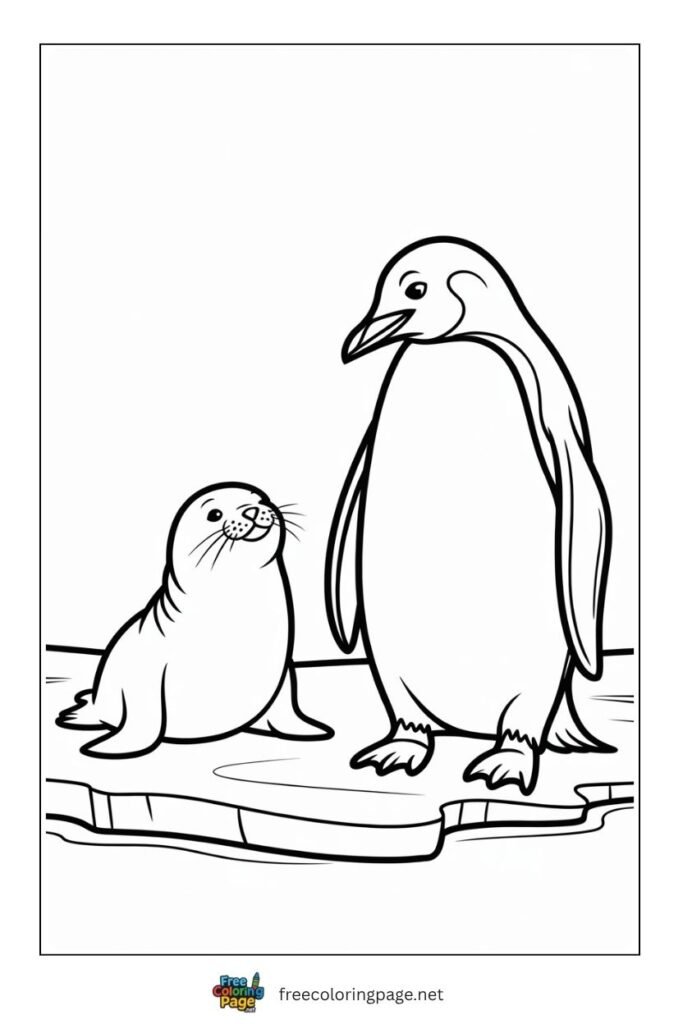 Penguin with sea seal coloring page