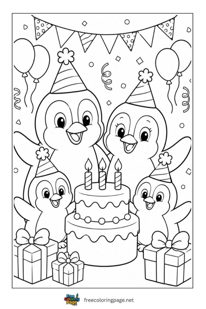 Penguin birthday celebration coloring page