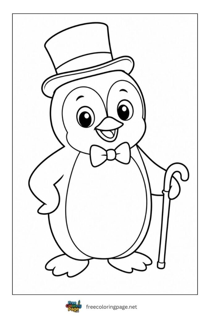 Penguin with bow and hat coloring page