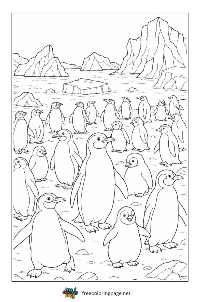 Penguin colony coloring page
