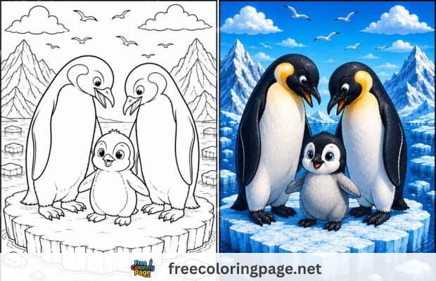 penguin coloring pages -colored vs drawing