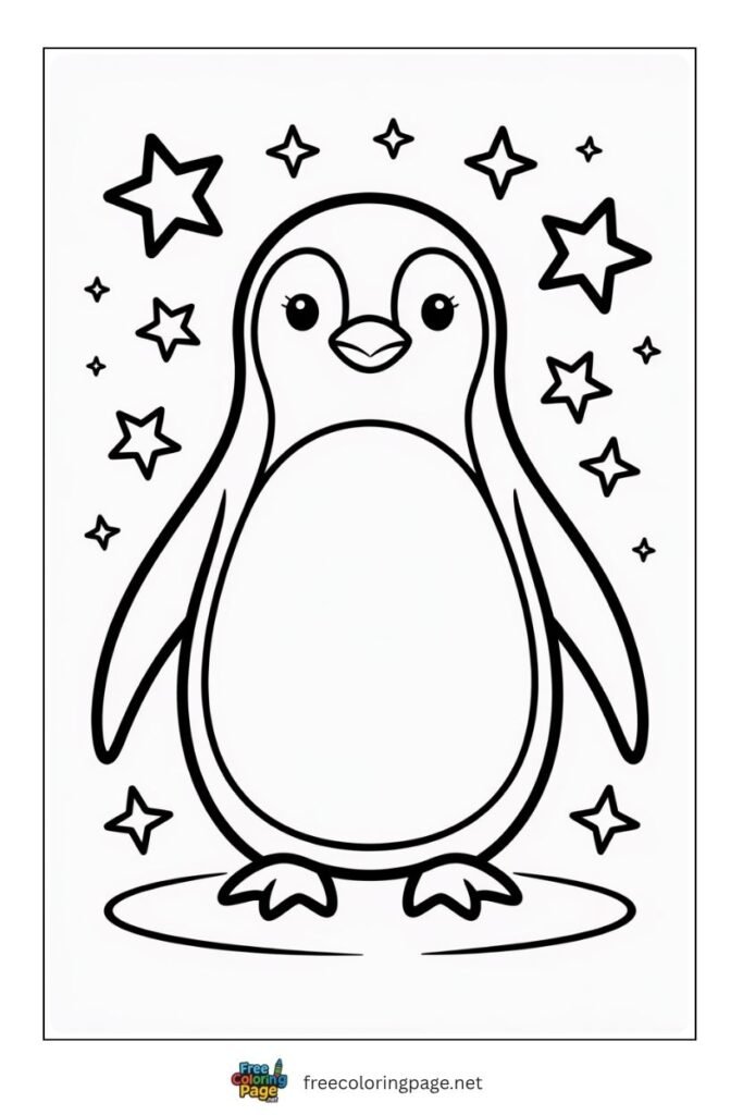 Penguin with stars coloring page