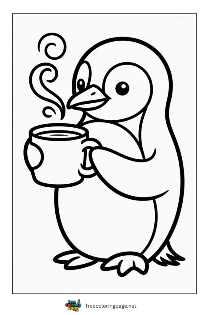 Penguin drinking coffee coloring page