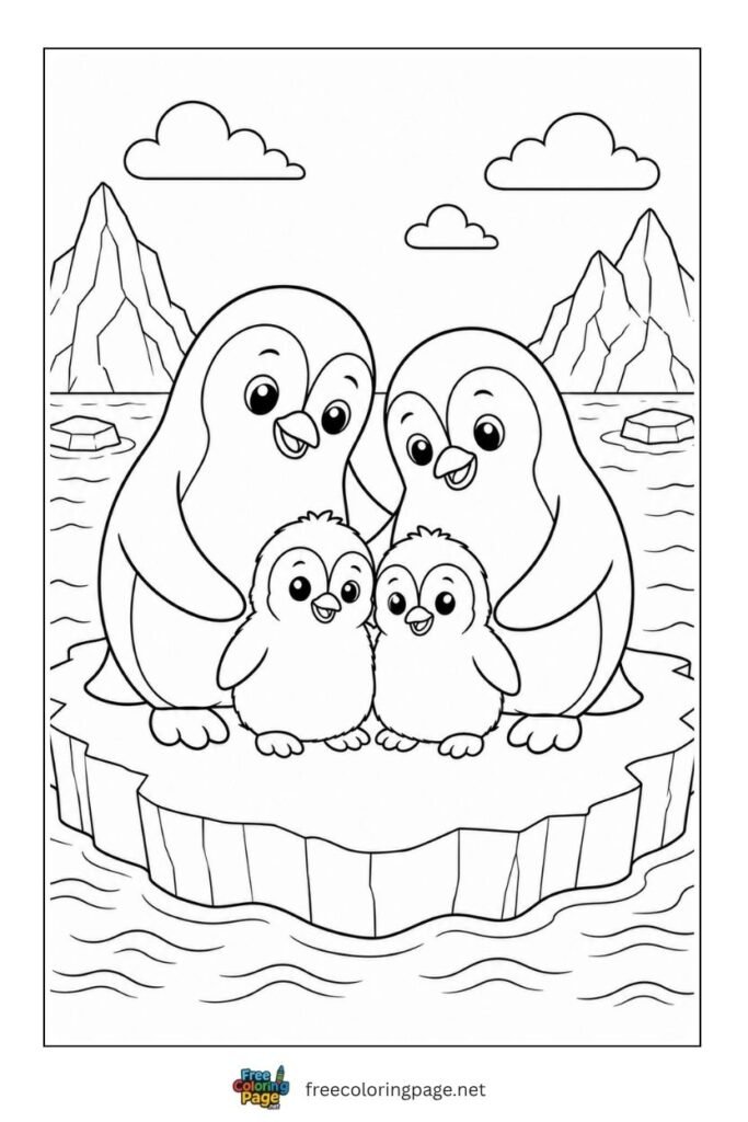 Cute penguin family on snow block coloring page