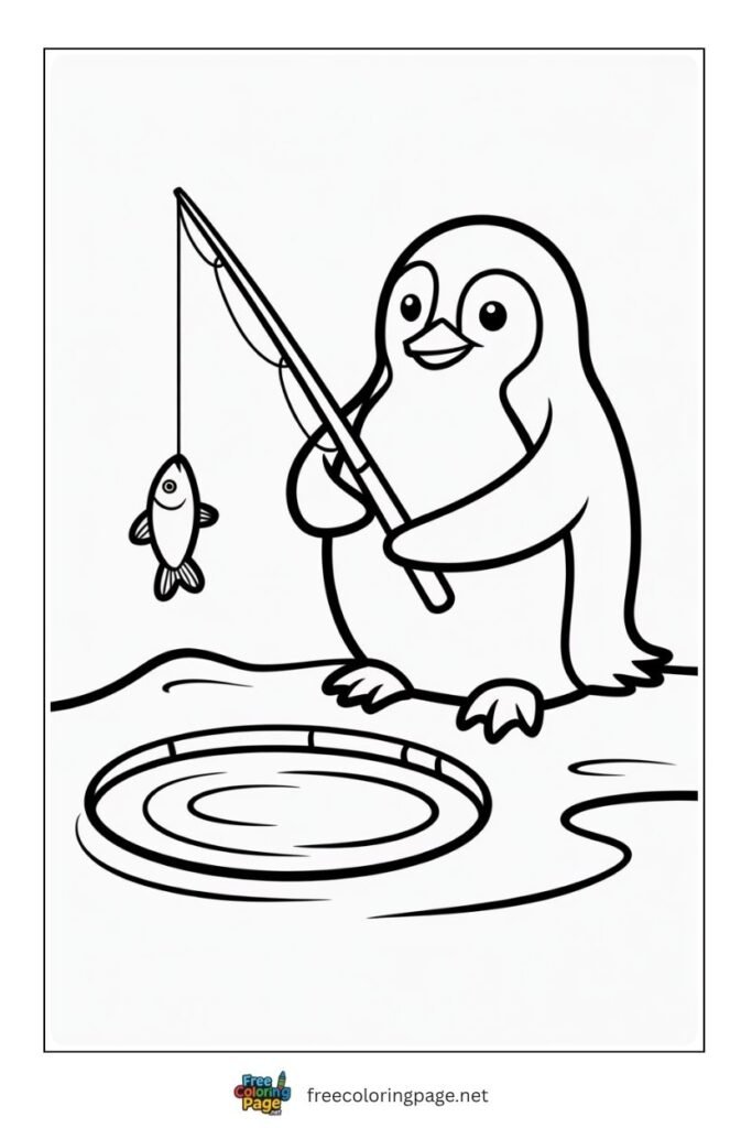 Penguin catching fish coloring page