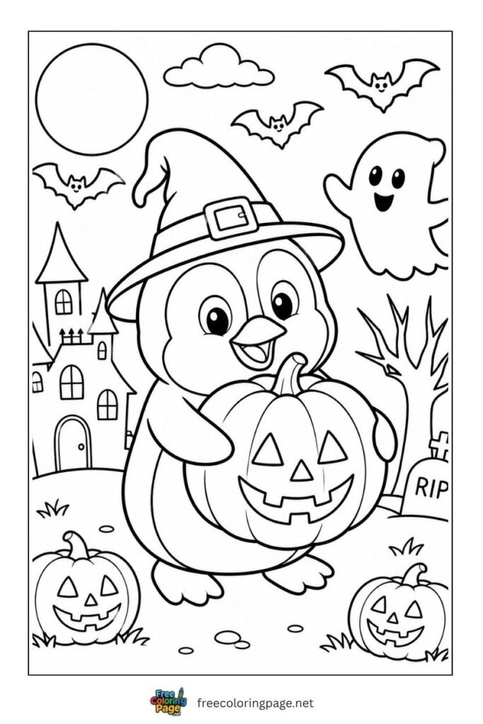 Penguin halloween coloring page