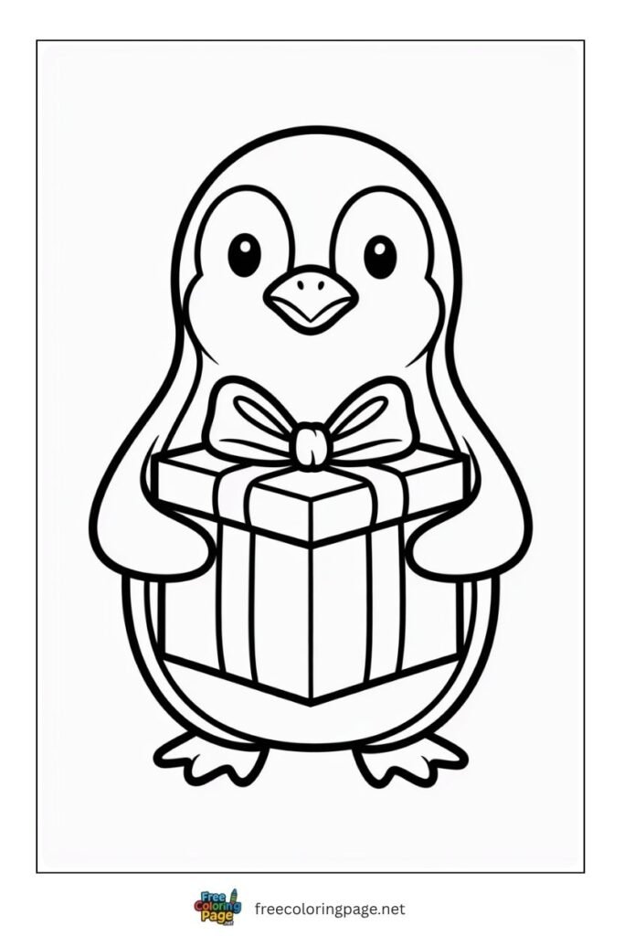 Penguin with birthday gift coloring page