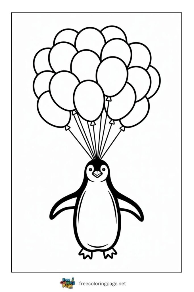 Penguin with balloons coloring page