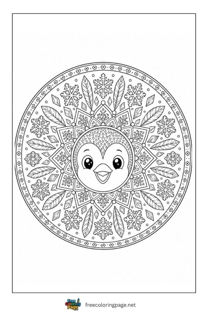 Penguin circular mandala coloring page