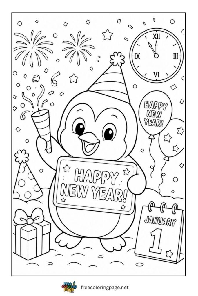 Penguin new year coloring page