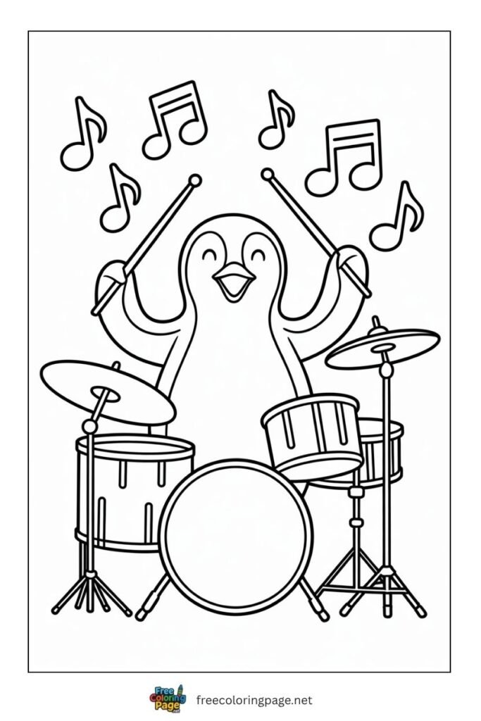 Penguin playing drums coloring page