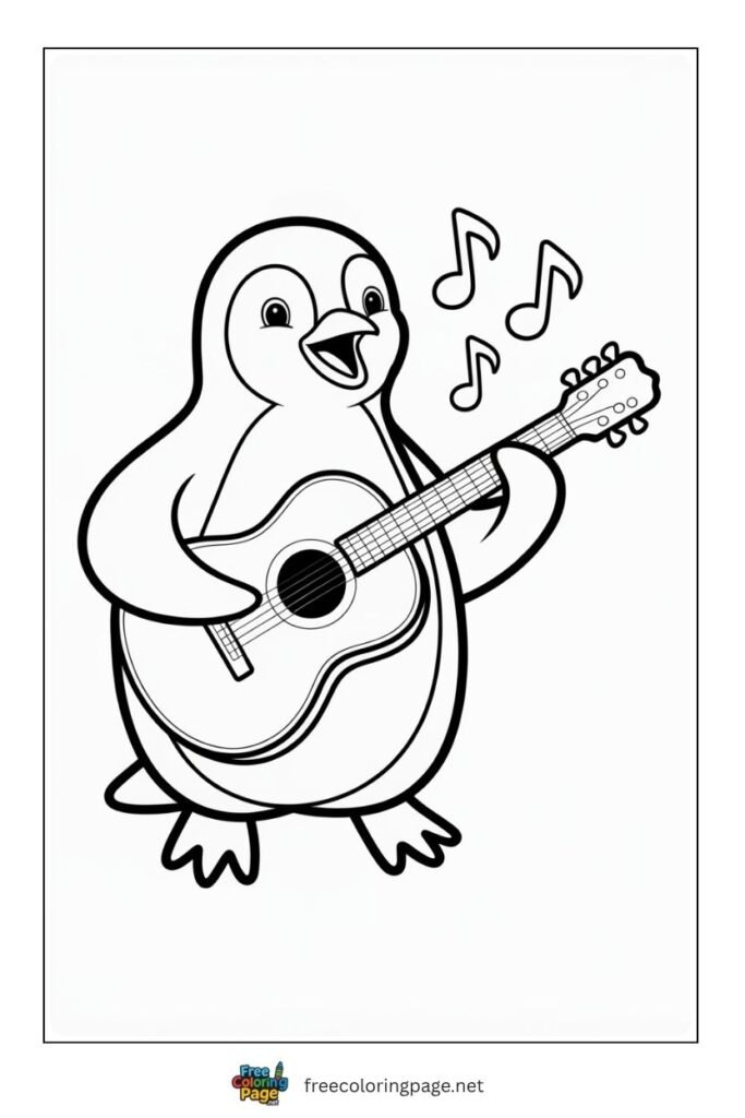 Penguin playing guitar coloring page