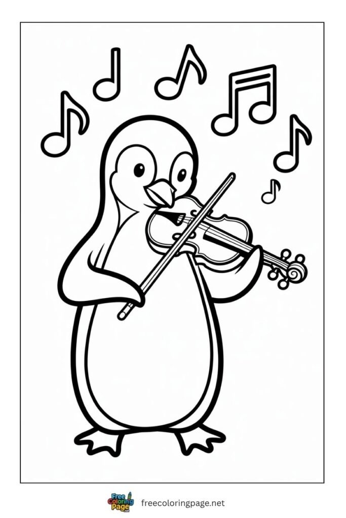 Penguin playing violen coloring page