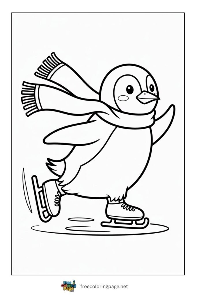 Penguin skiing on snow coloring page