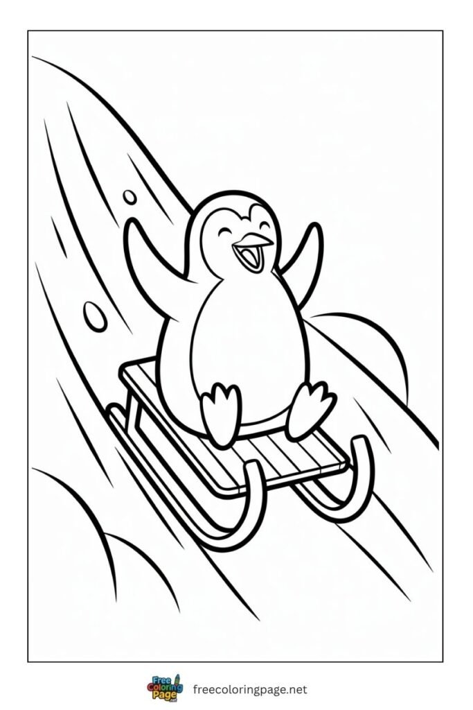 Penguin sledding coloring page