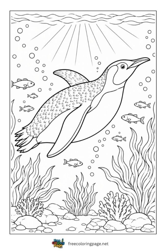 Realistic penguin swimming coloring page