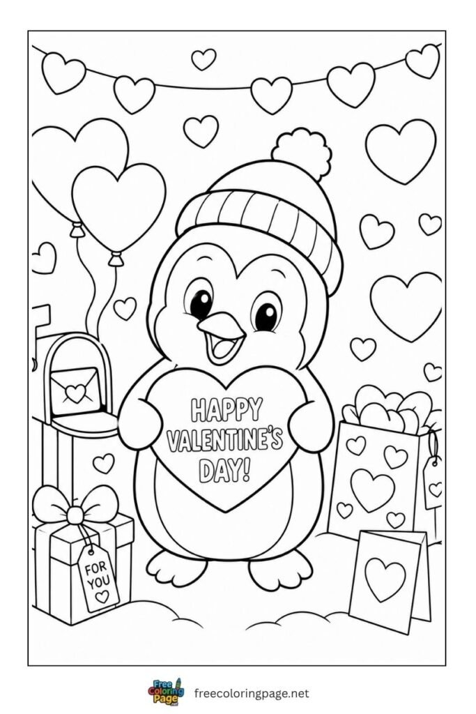 Penguin valentine day coloring page