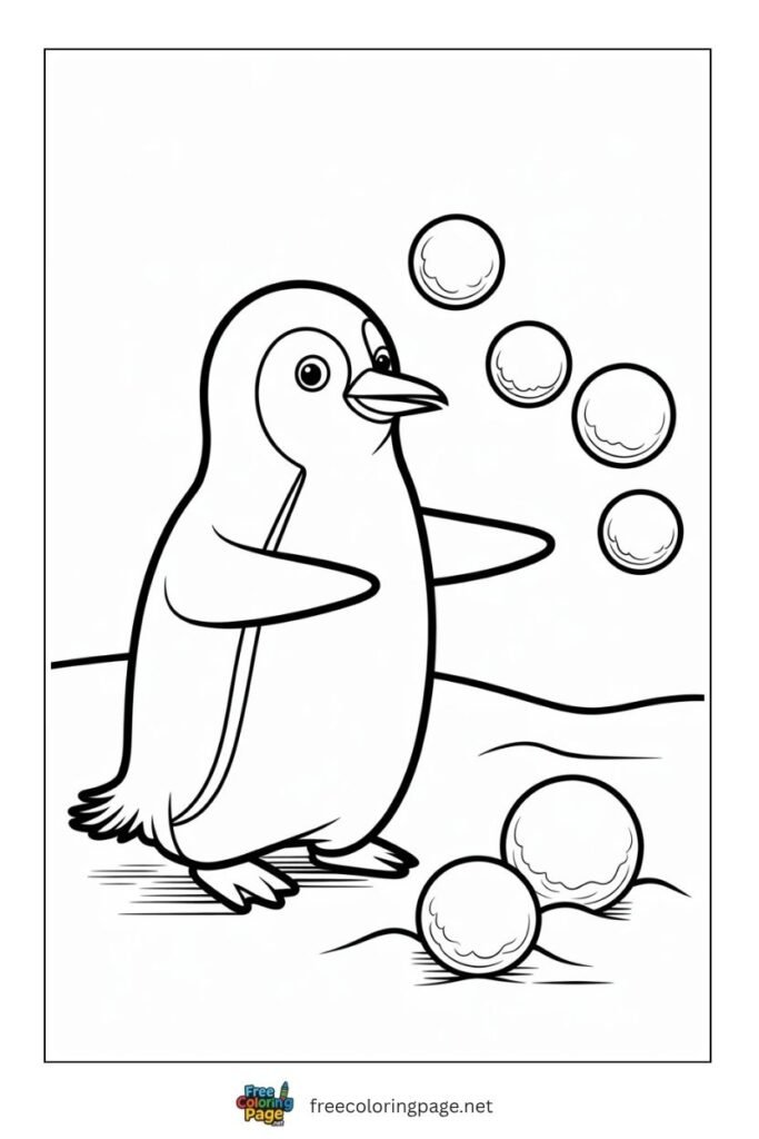 Penguin with snow balls coloring page