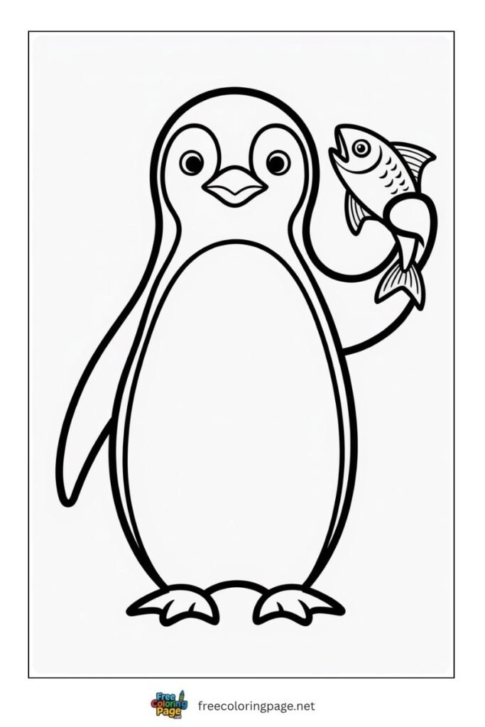 Penguin with fish coloring page