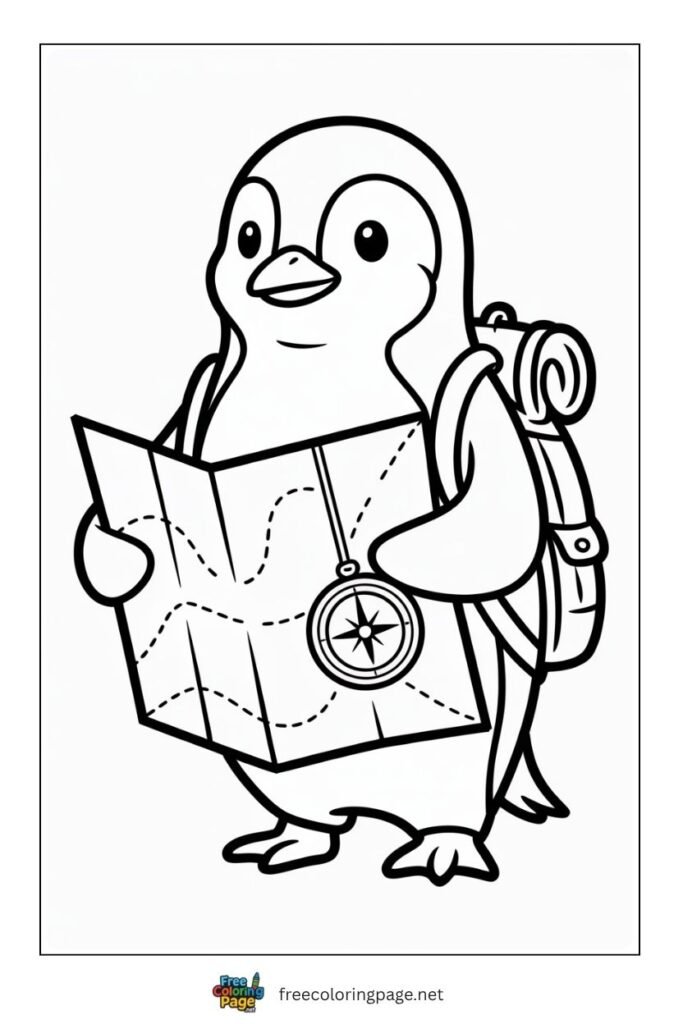 Penguin on exploration coloring page