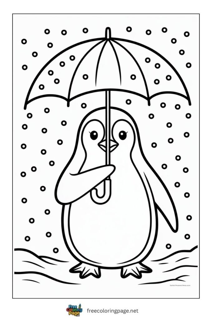 Penguin with umbrella in snow coloring page