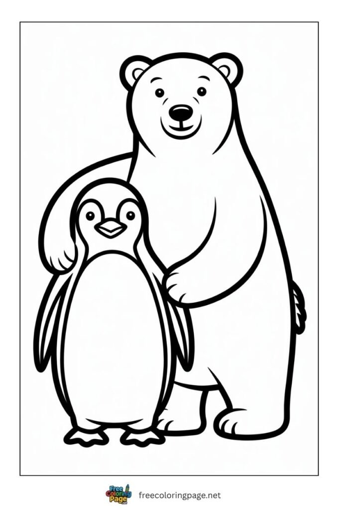 Penguin with polar bear coloring page