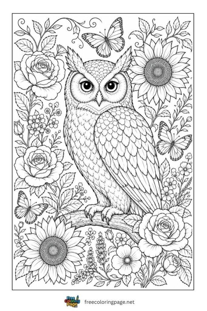 realistic owl with flowers coloring page