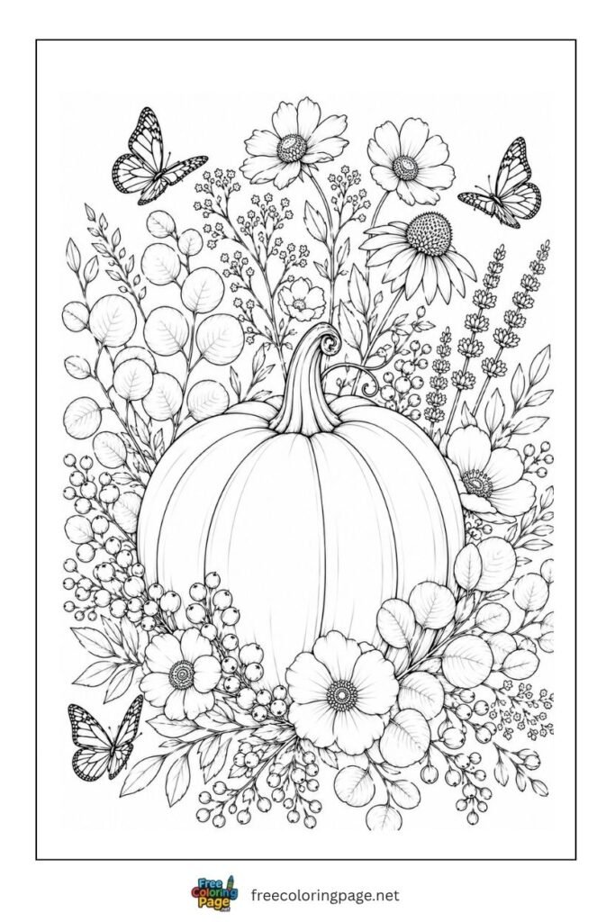pumpkin with butterflies and flowers coloring page