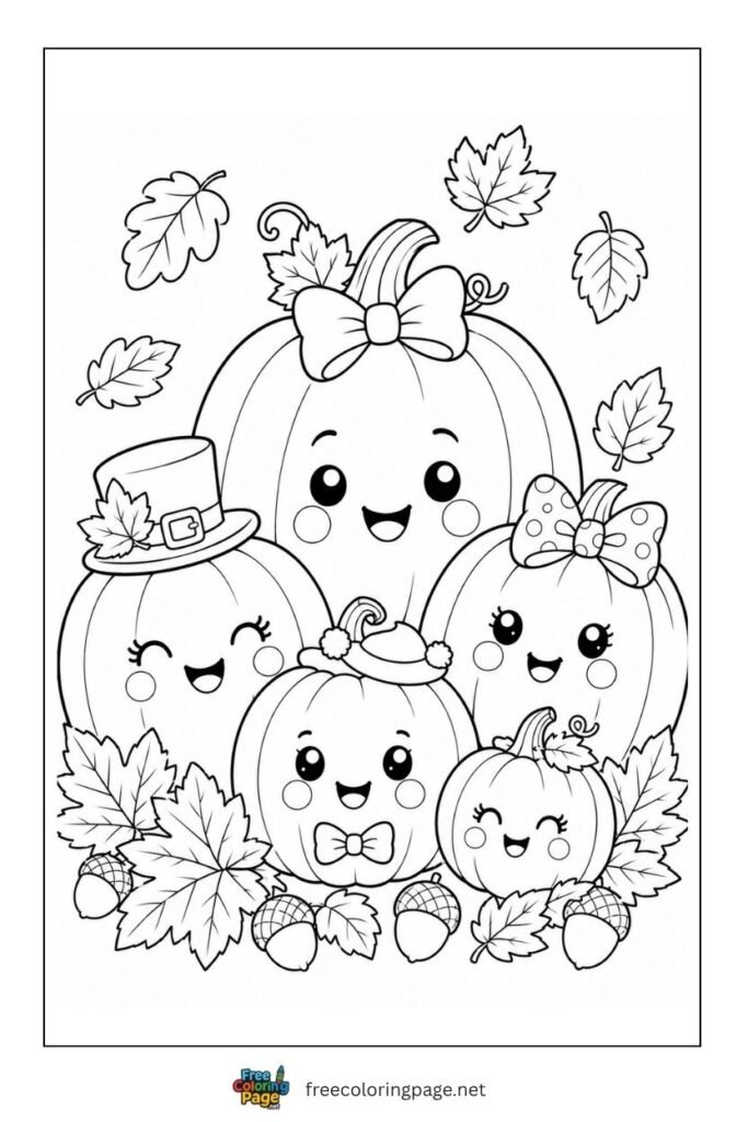 cute pumpkin and leaves coloring page