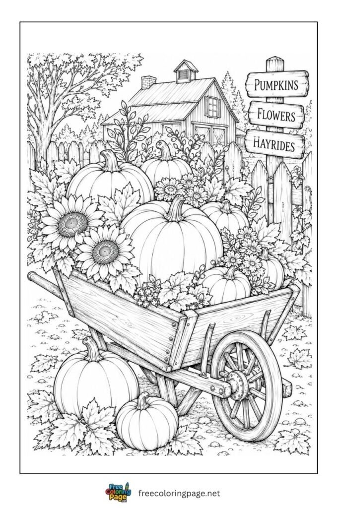 pumpkins in wooden wagon coloring page