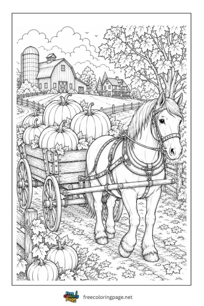 horse carring pumpkins coloring page