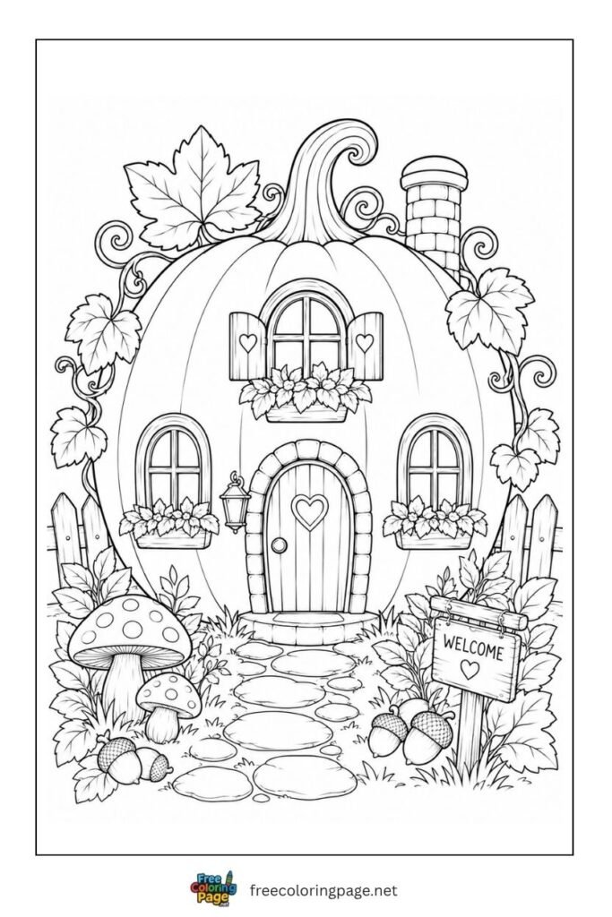 pumpkin house coloring page for kids