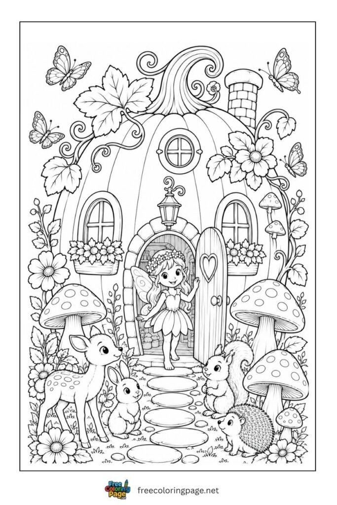 pumpkin house with fairy and animals coloring page