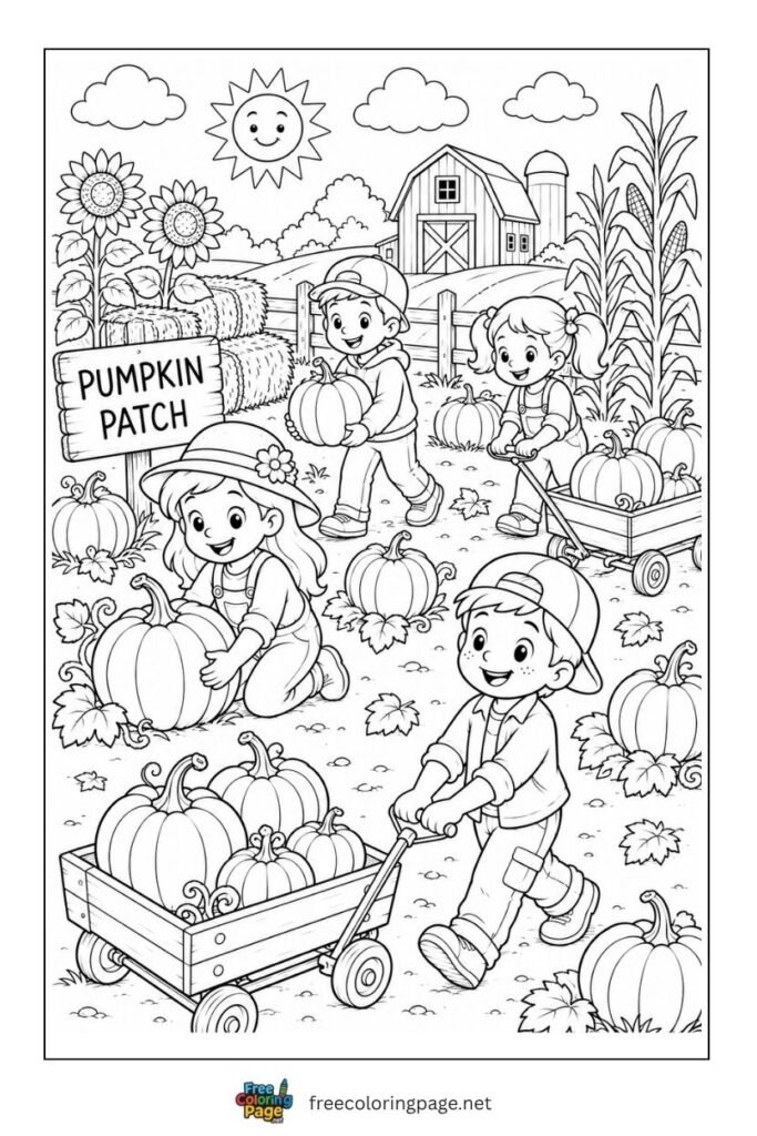 pumpkin patch coloring page - kids picking pumpkins