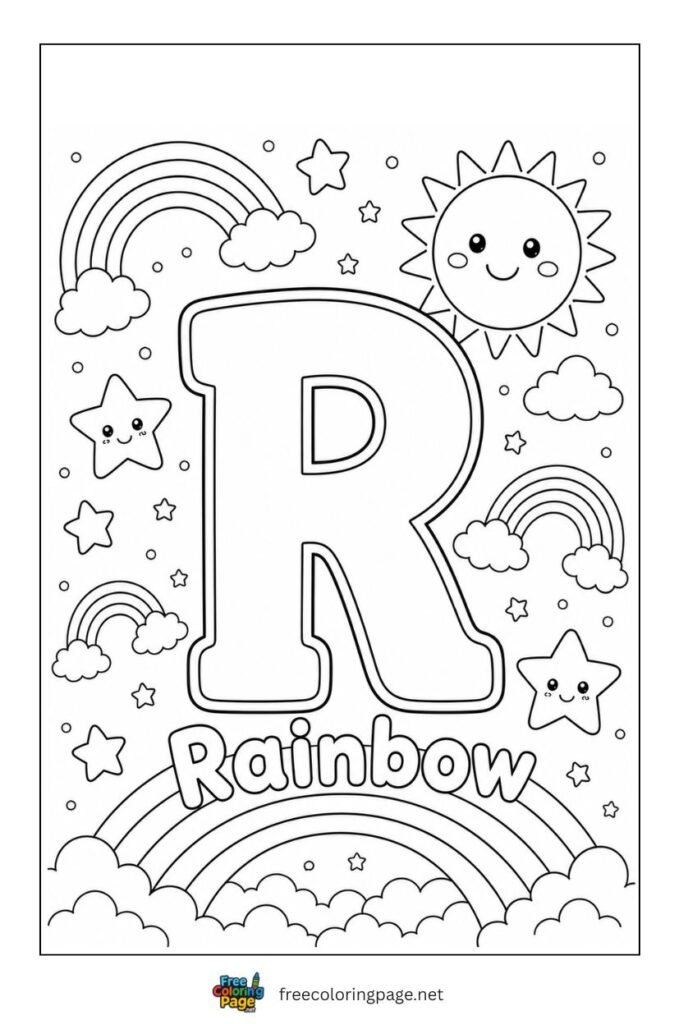 R is for rainbow coloring page - learning fun